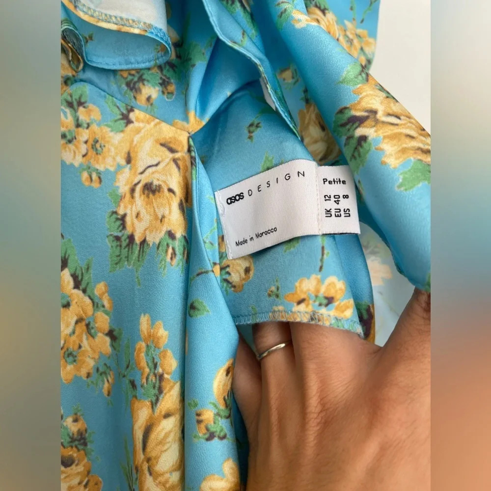 Asos Design Petite Satin Midaxi Dress With Multi Flutter Sleeves In Blue Floral - Picture 9 of 10